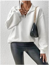 abordables Sweat à capuche de sport-sweat-shirt zippé pour femme sweat-shirt pull sport basique texturé couleur unie rue décontracté col en V demi-zip quart de zip manches longues blanc automne&amp;amp; hiver