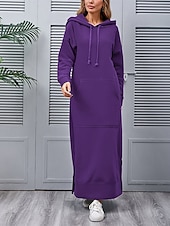 preiswerte Sweatshirt- und Hoodie-Kleider-Damen Casual kleid Sweatkleid kleid lang Täglich Basic Outdoor Urlaub Ausgehen V Ausschnitt Tasche Feste Farbe Regular Fit Schwarz Burgunderrot Blau S M L XL XXL