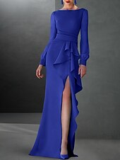baratos VERDE-Vestido de Festa A-Line Elegante Convidada Formal de Outono Cauda Arrastando  Escovando Manga Longa Decote Joia Tecido Stretch Chiffon com Babados Fenda 2025