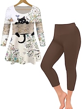 voordelige Loungekleding voor dames-dames loungewear sets 2 stuks kattenbloem casual comfort thuis dagelijks ademend ronde hals lange mouw trui broek zomer lente thuis outfits