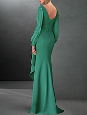 baratos VERDE-Vestido de Festa A-Line Elegante Convidada Formal de Outono Cauda Arrastando  Escovando Manga Longa Decote Joia Tecido Stretch Chiffon com Babados Fenda 2025