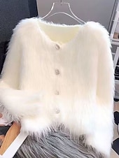 cheap Cardigans &amp; Outerwears-Women&#039;s Cardigan Sweater Cardigan Stylish Casual Soft Solid Color Ribbed Crew Neck Faux Fur Trim Long Sleeve Regular Tops Knit Daily Going out Weekend Black White Fall Winter