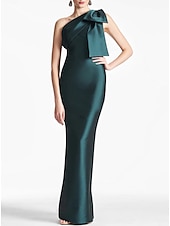 preiswerte SCHWARZ-Meerjungfrau Abendkleid Elegantes Kleid Formeller Hochzeitsgast Knöchellang Ärmellos Eine Schulter Satin mit Schleife(n) Schlitz Maskeradenkleid 2025