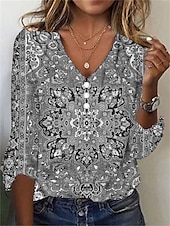 ieftine tricou boho-Pentru femei Tricou Cămașă Henley Floral Epocă Έθνικ Zilnic De Bază Lungime Manșon 3/4 În V Topuri obișnuite Concediu Sfârșit de săptămână Nasturi Imprimeu Roșu-aprins Mov Trifoi Kaki Gri Toamna iarna