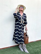 billige T-skjortekjoler-kvinners geometriske stripe knapp splitt v-hals maxi lang kjole daglig ferie langermet sommer våren