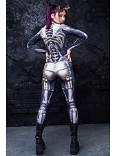 baratos Trajes Femininos-Esqueleto Caveira Robô Steampunk Fantasia de Carnaval Terno Corpo Inteiro Traje Cosplay Fatos de Corpo Macacão Corpo Inteiro Adulto Mulheres Uma Peça Traje Assustador Festa dia das Bruxas Baile de