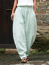 economico Pantaloni in lino e cotone semplici-Per donna Pantaloni in cotone e lino Chinos Pantaloni Semplice Casual Lunghezza intera Vita Alta Semplice Tasca Elastico in vita Baggy Comodità Traspirabilità Morbido Micro-elastico Vacanza