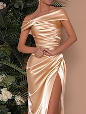 levne šampaň-Zlaté mořské panoře večerní šaty sexy šaty formální svatební host zametací  kartáč trénink bez rukávů off shoulder satén s nařaseným rozparkem