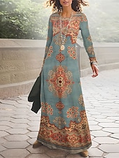 baratos Vestido Boho Étnico-Mulheres Vestido Longo Vestido Maxi Vestido casual Roupa de inverno Vestido estampado Vintage Étnico Tribal Diário Ao ar livre Rua Normal Floral Tribal Manga Longa Gola Redonda Preto Vermelho Azul