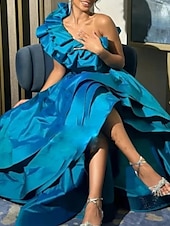 ieftine roșu-Rochie de seară A-Line elegantă rochie formală de nuntă asimetrică fără mâneci un umăr satin cu volane slit rochie de mascaradă