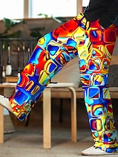 cheap Men&#039;s Printed Casual Pants-Men&#039;s Trousers Summer Pants Beach Pants Drawstring Elastic Waist 3D Print Color Block Graphic Prints Geometry Comfort Casual Daily Holiday Streetwear Hawaiian Light Green Red