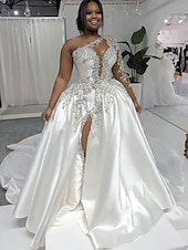 preiswerte Luxuriöse Hochzeitskleider-Formelle Hochzeitskleider Ballkleid ein Schulter reguläre Träger Schleppe Satin Brautkleider mit Perlen Schlitz vorne