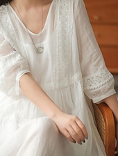 abordables concevoir des robes en coton et lin-Femmes Noir Blanche Jaune Automne Robe maxi Robes inspirées du lin Robe Décontractée Basique Classique Occasionnel Extérieur Vacances Quotidien Coupe Ample Uni Col en V