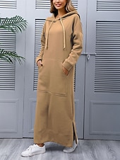 preiswerte Sweatshirt- und Hoodie-Kleider-Damen Casual kleid Sweatkleid kleid lang Täglich Basic Outdoor Urlaub Ausgehen V Ausschnitt Tasche Feste Farbe Regular Fit Schwarz Burgunderrot Blau S M L XL XXL
