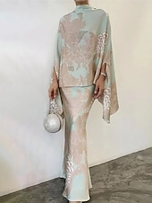 olcso Ruhaszettek-Női ruhakészlet hétköznapi ruha Szoknya készlet Hüvelyruha Elegáns Modern Virágos Fodrozott Nyomtatott Hosszú ruha Maxi ruha Hosszú ujj Állógallér Napi Alkalmi Fehér Pezsgő Bor Ősz Tél Normál