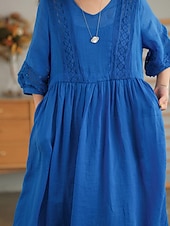 abordables concevoir des robes en coton et lin-Femmes Noir Blanche Jaune Automne Robe maxi Robes inspirées du lin Robe Décontractée Basique Classique Occasionnel Extérieur Vacances Quotidien Coupe Ample Uni Col en V