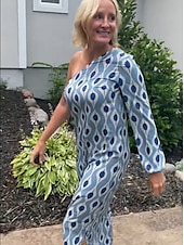 abordables Robes de vacances-robe décontractée pour femme robe droite imprimé géométrique une épaule maxi robe longue décontractée tous les jours vacances manches longues été printemps