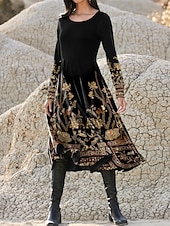 levne Boho šaty-Mid šaty pro ženy áčkový střih casual šaty zimní šaty šaty na roztočení módní streetwear zralé formální venkovní dovolená pravidelně se hodící květinové dlouhý rukáv kulatý výstřih černé jaro podzim