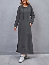 preiswerte Sweatshirt- und Hoodie-Kleider-Damen Casual kleid Sweatkleid kleid lang Täglich Basic Outdoor Urlaub Ausgehen V Ausschnitt Tasche Feste Farbe Regular Fit Schwarz Burgunderrot Blau S M L XL XXL