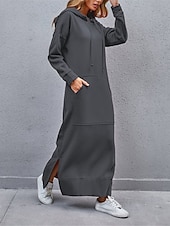 preiswerte Sweatshirt- und Hoodie-Kleider-Damen Casual kleid Sweatkleid kleid lang Täglich Basic Outdoor Urlaub Ausgehen V Ausschnitt Tasche Feste Farbe Regular Fit Schwarz Burgunderrot Blau S M L XL XXL