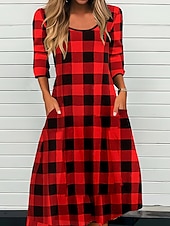 abordables Robe Rayée et Géométrique-Robe Midi Femme Robe Décontractée Robe d&#039;hiver Robe Fourreau Mode Modeste Formelle Plein Air Maison Coupe Laisse Carreaux Manches Longues Col Ronde Noir Rouge Vin Automne Hiver