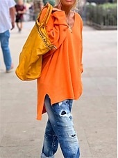 cheap Tunic Tops-Women&#039;s Tunic Oversized Sweatshirt Pullover Sports Basic Neon &amp; Bright Plain Street Casual V Neck Loose Fit Long Sleeve Black Pink Orange Gray Fall &amp; Winter