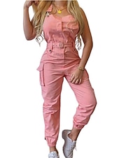 olcso nyaralás jumpsuit-Női Szabályos Jumpsuitek Utcai sikk Tömör szín Ujjatlan V-alakú Zseb Magas derék Vakáció Utca Normál Fekete Sárga Arcpír rózsaszín Ősz