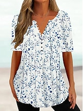 baratos Camiseta floral-Mulheres Camiseta Camisa Henley Floral Tunicas Básico Manga Curta Decote Redondo Tops regulares Feriado Final de semana Botões Imprimir Branco Amarelo Verde Claro Azul Verde