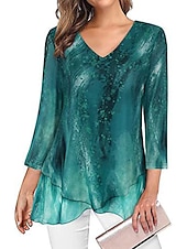 economico Top Semplici da Donna-camicetta da donna quotidiano basic stampa floreale manica lunga regular top scollo a V casual nero verde chiaro vino blu verde autunno&amp;amp; inverno