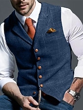  gilet da uomo in tweed, gilet, moda vintage, primavera e autunno, bottoni, misto lana, comodo, semplice, monopetto, scollo a V, vestibilità regolare, verde scuro, blu navy, grigio scuro, grigio chiaro.