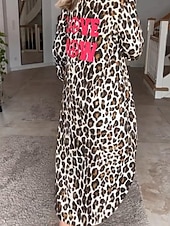 cheap Shirt Dresses-Women&#039;s Leopard Button Print Shirt Collar Midi Dress Daily Vacation Long Sleeve Summer Spring
