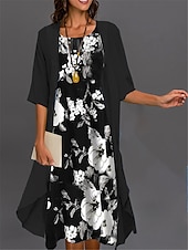 economico Abito Floreale-Abito di laurea da donna Abito midi Set di abiti Set di abiti Abito casual Stampa abito Elegante Moda Stampa floreale Manica 3/4 Collo a giro nudo Esterno Giornaliero Nero Bianco Rosa Estate Primavera