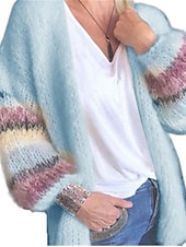 billige Cardigans og yttertøy-Dame Cardigan Genser Stilfull Fritid Myk Geometrisk Fargeblokk Stripet Riflet Åpen Forside Lapper Langermet Lange topper Strikke Daglig Ut på byen Helg Gul Lysegrønn Høst Vinter