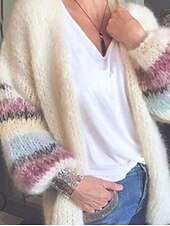 billige Cardigans og yttertøy-Dame Cardigan Genser Stilfull Fritid Myk Geometrisk Fargeblokk Stripet Riflet Åpen Forside Lapper Langermet Lange topper Strikke Daglig Ut på byen Helg Gul Lysegrønn Høst Vinter