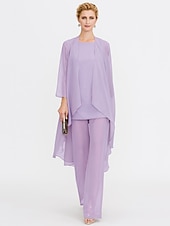 billiga Mammas byxdräkter-Strand Bröllop Jumpsuit/Byxdräkt 3 Delar Mor Till Brud Bröllops Gäst Elegant Plus Size Inkluderat Bateau Hals Golvlängd Chiffon Ärmlös Jacka es med Enfärgade Färger