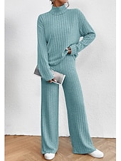 abordables Survêtements pour femmes-Femme Chaud Néon et lumineux Chemise Ensembles de pantalons Pantalon manche longue Col Roulé Couleur unie Casual Quotidien Noir Vert Véronèse Bleu Automne hiver Standard