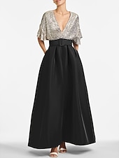 abordables GRIS-Robe de soirée A-Line élégante Robe invitée formelle Mariage longueur cheville Manches mi-longues Décolleté en V Invité de mariage d&#039;automne Sequins avec sequins à bretelles 2025