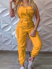 olcso nyaralás jumpsuit-Női Szabályos Jumpsuitek Utcai sikk Tömör szín Ujjatlan V-alakú Zseb Magas derék Vakáció Utca Normál Fekete Sárga Arcpír rózsaszín Ősz