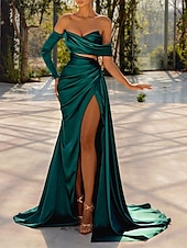cheap GREEN-Beach Wedding Mermaid Evening Gown Sexy Dress Formal Wedding Guest Floor Length Long Sleeve Off Shoulder Satin with Ruched Slit Masquerade Dress