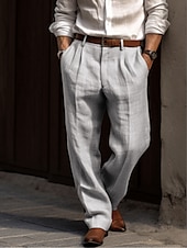 cheap Business-Men&#039;s Linen Pants Trousers Summer Pants Pleated Pants Dress Slacks Front Pocket Straight Leg Plain Comfort Breathable Casual Daily Holiday Fashion Basic Black White