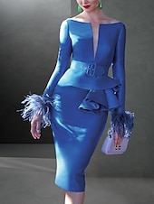 abordables Longueur du thé-Robes de Cocktail Svelte Élégante Robe Formelle Automne Longueur Genoux Manches Longues Col V Ceinture  Ruban Tissu Extensible avec Volants en Plumes Robe de Jour de Course taille sur mesure gratuite