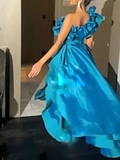 ieftine roșu-Rochie de seară A-Line elegantă rochie formală de nuntă asimetrică fără mâneci un umăr satin cu volane slit rochie de mascaradă