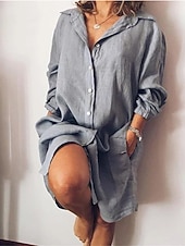 cheap Essential Faux Dresses-Women's Faux Cotton Linen Shirt Dress Basic Casual Daily Regular Fit Plain Long Sleeve Shirt Collar Blue Black Yellow Red Spring &amp;  Fall