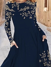 preiswerte Blumenkleid-Frauen Midikleid A-Linien Kleid Lässiges Kleid Winterkleid Swing Kleid Mode Streetwear Reif Formal Outdoor Urlaub Regulär Passform Blumen Lange Ärmel Rundhalsausschnitt Schwarz Marineblau Königsblau