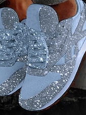 cheap Women's Sneakers-Women's Silver Glitter Sneakers with Rhinestone Embellishments, Lace-Up Low-Top Mesh Fashion Sneakers, Flat Sole Shoes for Fashion-Forward Women, Party, Casual Streetwear &amp; Evening Events