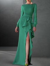 baratos VERDE-Vestido de Festa A-Line Elegante Convidada Formal de Outono Cauda Arrastando  Escovando Manga Longa Decote Joia Tecido Stretch Chiffon com Babados Fenda 2025