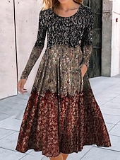 preiswerte Boho Kleid-Damen Midi Kleid A-Linie Kleid Lässiges Kleid Winterkleid Swing Kleid Mode Streetwear Reif Formell Outdoor Urlaub Reguläre Passform Geometrisch Farbblock Tribal Lange Ärmel Rundhalsausschnitt Schwarz