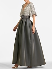 abordables GRIS-Robe de soirée A-Line élégante Robe invitée formelle Mariage longueur cheville Manches mi-longues Décolleté en V Invité de mariage d&#039;automne Sequins avec sequins à bretelles 2025