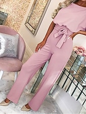 levne párty kombinézy-dámská kombinéza elegantní pásek v pase červená široká noha s kulatým výstřihem krátký rukáv jednobarevná párty práce ležérní jaro léto oblečení oblečení