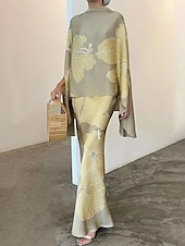 olcso Ruhaszettek-Női ruhakészlet hétköznapi ruha Szoknya készlet Hüvelyruha Elegáns Modern Virágos Fodrozott Nyomtatott Hosszú ruha Maxi ruha Hosszú ujj Állógallér Napi Alkalmi Fehér Pezsgő Bor Ősz Tél Normál